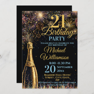 Invitation 21st Birthday Bubbly Fireworks Gold Blue