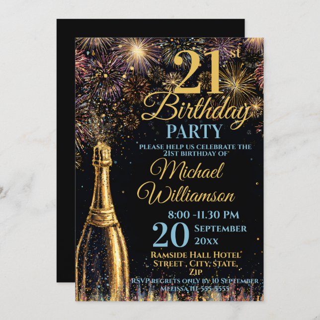 Invitation 21st Birthday Bubbly Fireworks Gold Blue (Devant / Derrière)
