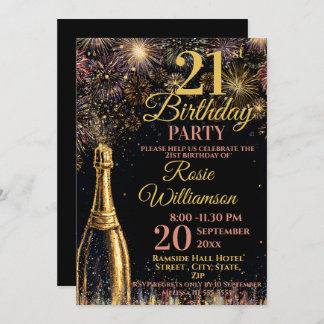 Invitation 21st Birthday Bubbly Fireworks Gold Pink