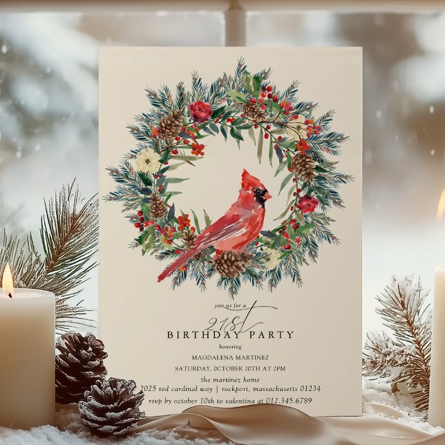Invitation 21st Birthday Party Red Cardinal Winter Wreath (Créateur téléchargé)