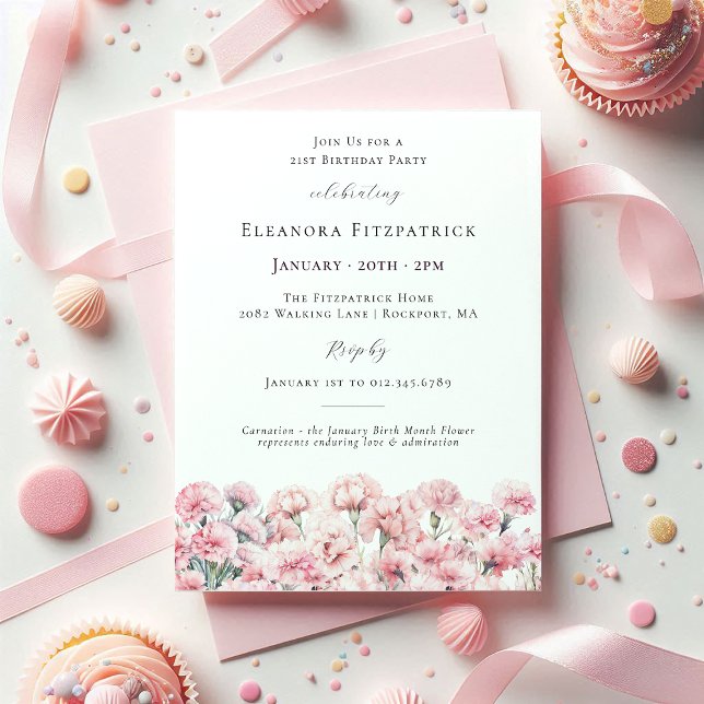 Invitation 21st Birthday Pink Carnation January Birth Flower (Créateur téléchargé)