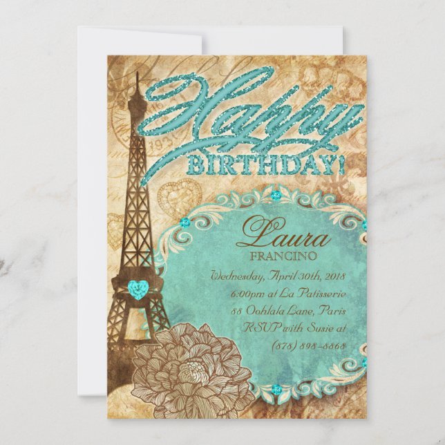 Invitation 232 Sweet 16 Paris Tour Eiffel Blu aux fleurs Vint (Devant)