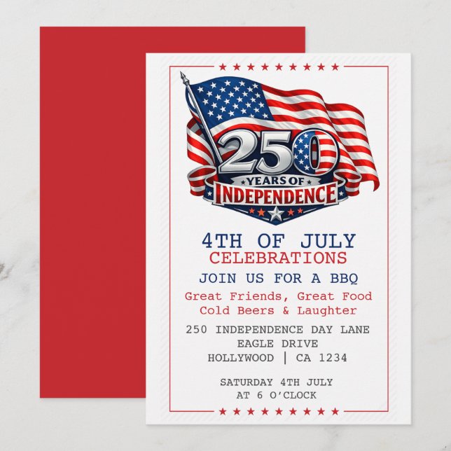 Invitation 250 Years of Independence 4th of July Party (Devant / Derrière)