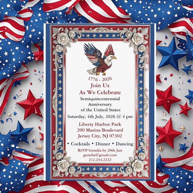 Invitation 250e anniversaire d'argent de liberté Rouge Blanc  (250th Freedom Silver Anniversary Red White Blue US Invitation)