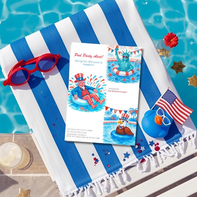 Invitation 250e anniversaire Pool Party Rouge, bleu blanc (Semiquincentennial Pool Party Red, white blue Invitation)