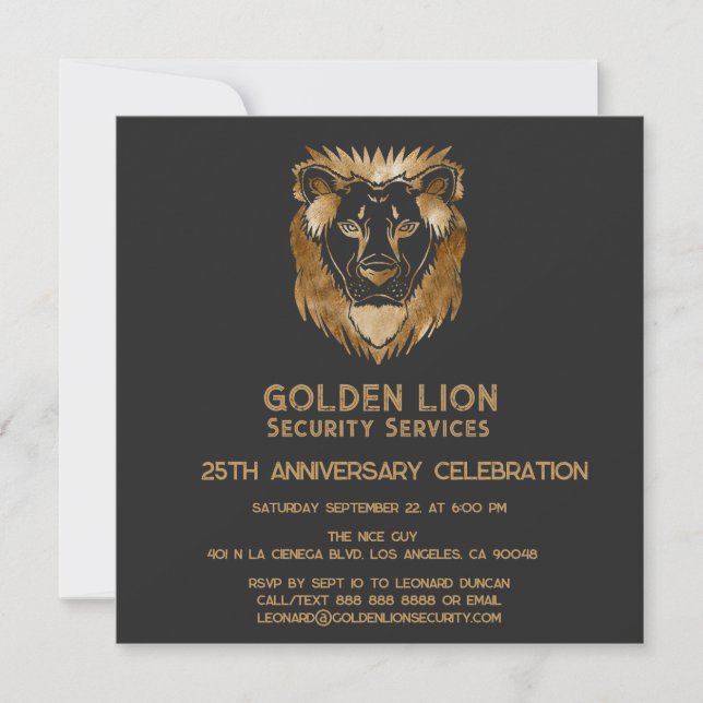 Invitation 25 Anniversaire Luxe Black Gold Lion Business Logo (Devant)