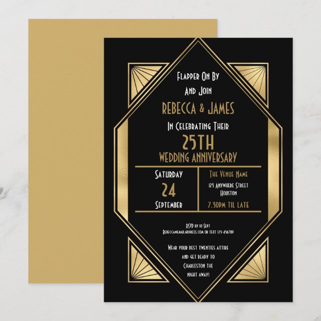 Invitation 25 ans de mariage d'argent Art Déco (Devant / Derrière)