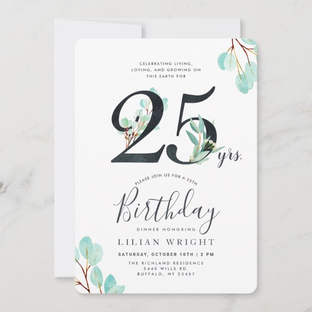 Invitation 25 ans grandissant 25e anniversaire | Eucalyptus (Devant)