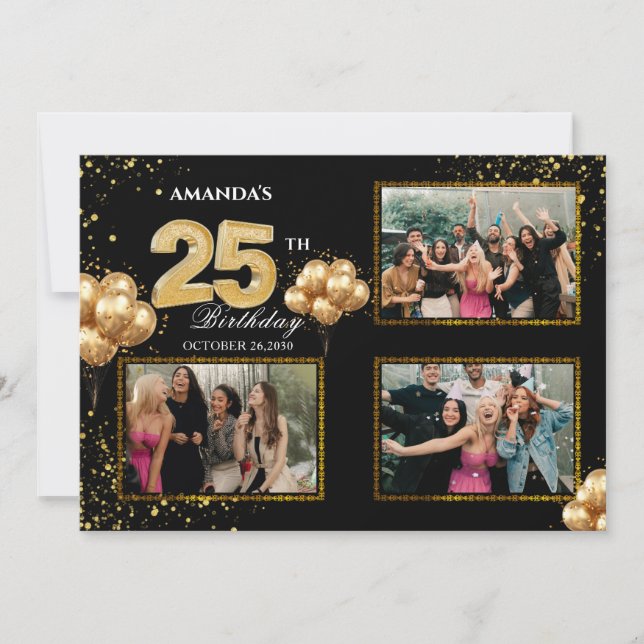 Invitation 25 th Birthday Gold Silver Black Balloons (Devant)