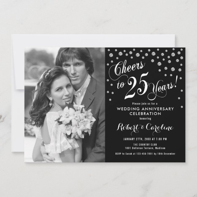 Invitation 25e anniversaire avec photo - Argent blanc noir (Devant)