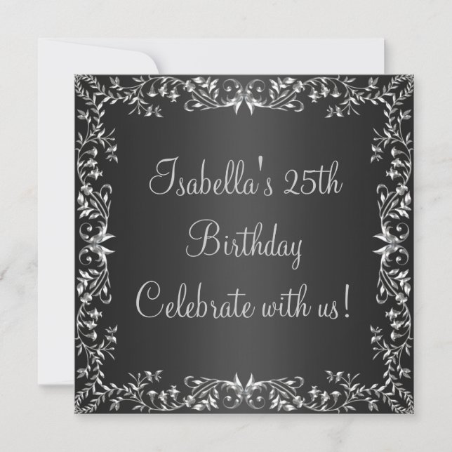 Invitation 25e anniversaire Black & Silver Floral Metal (Devant)