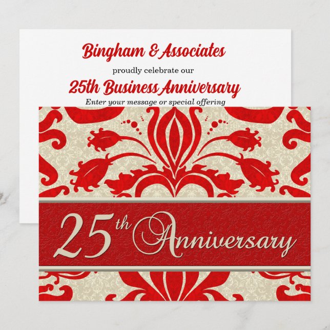 Invitation 25e anniversaire Business Red Damask (Devant / Derrière)