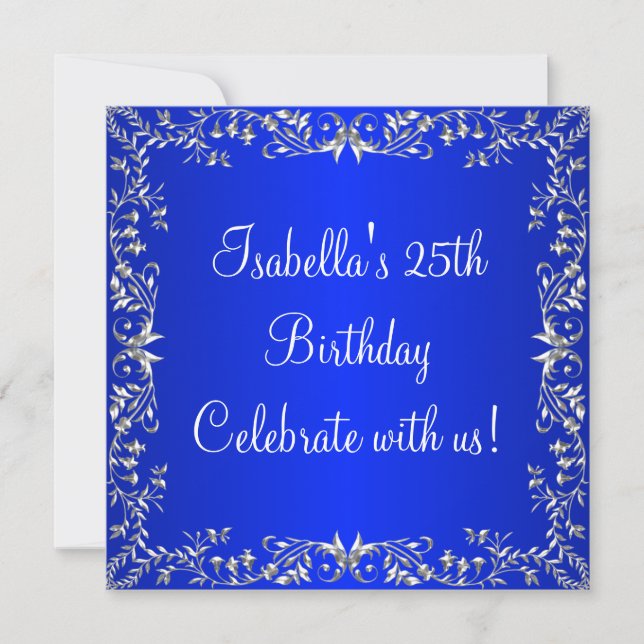 Invitation 25e anniversaire Cobalt Blue & Silver Floral Metal (Devant)