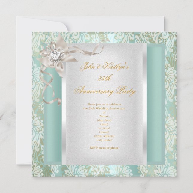 Invitation 25e Anniversaire Damask Vert Bleu Clair Argenté Bl (Devant)