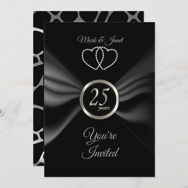 Invitation 25e anniversaire d'argent avec le ruban BlacK (Devant / Derrière)