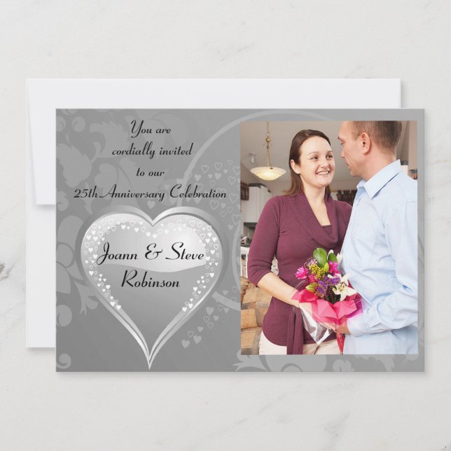 Invitation 25e anniversaire d'argent coeur tourbillonnant d'a (Devant)