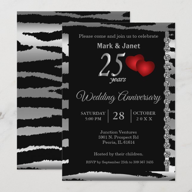 Invitation 25e anniversaire d'argent - Motif zèbre - Amour (Devant / Derrière)
