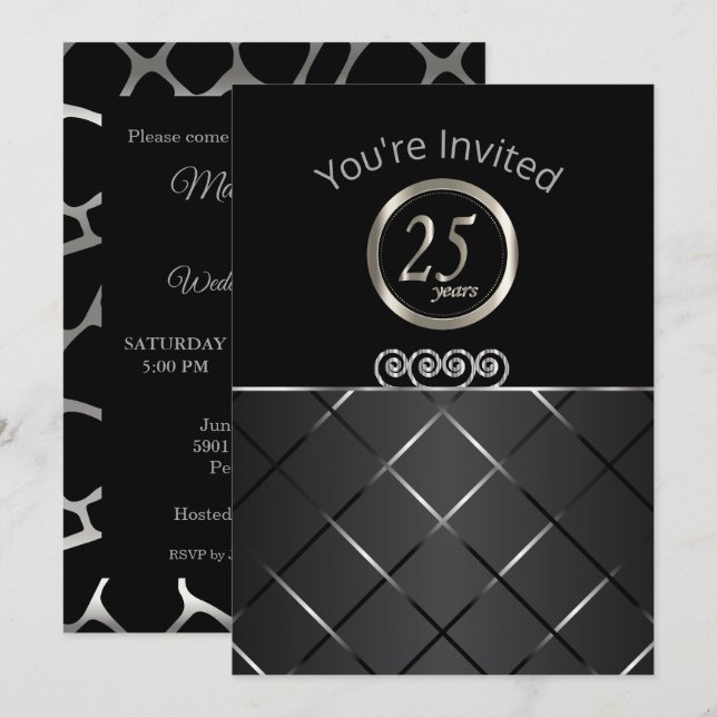 Invitation 25e anniversaire d'argent sur fond noir (Devant / Derrière)