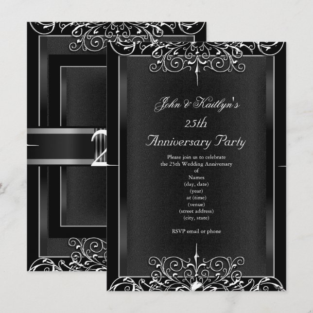 Invitation 25e anniversaire de la fête Chalkboard Argent Flor (Devant / Derrière)