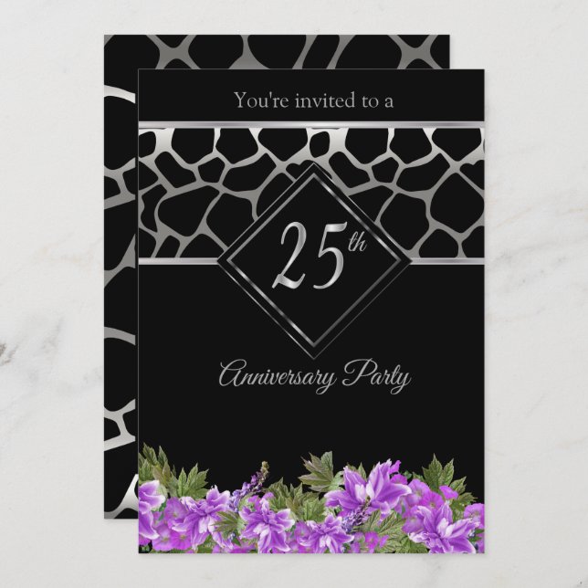 Invitation 25e Anniversaire de Mariage Argent avec Fleurs de  (Devant / Derrière)