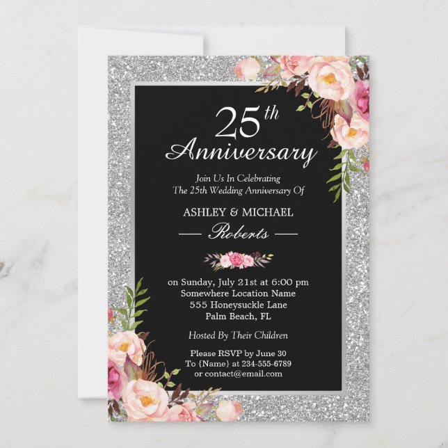 Invitation 25e Anniversaire de Mariage Argent Élégant Floral (Devant)