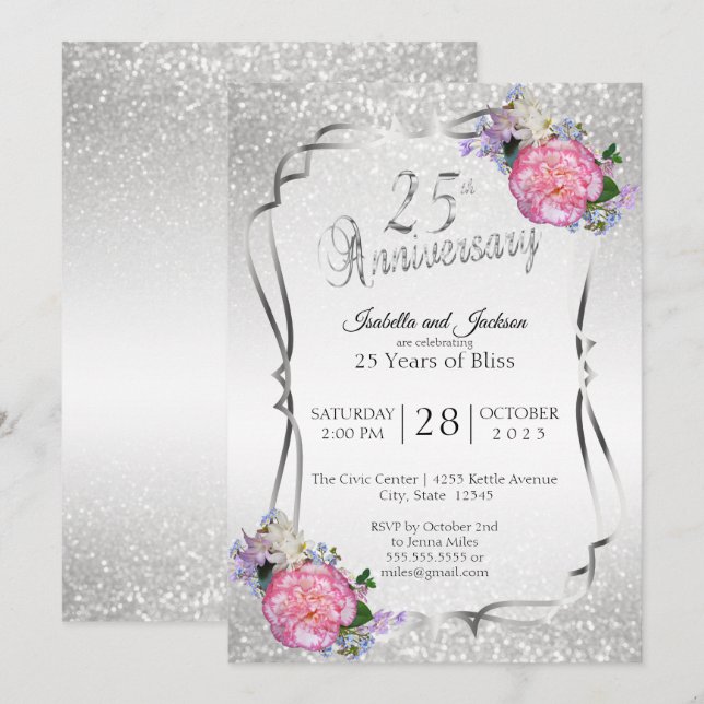 Invitation 25e anniversaire de mariage Argent et Fleurs (Devant / Derrière)