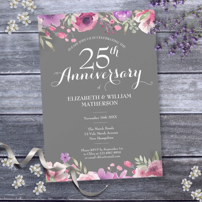 Invitation 25e Anniversaire de Mariage Argent Fleurs de Campa (25th Silver Wedding Anniversary Country Floral Invitation)