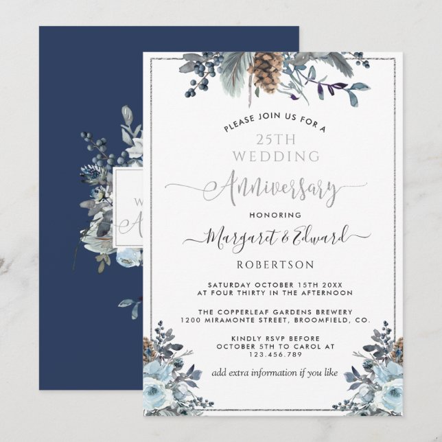 Invitation 25e anniversaire de mariage, Argent, floral bleu m (Devant / Derrière)
