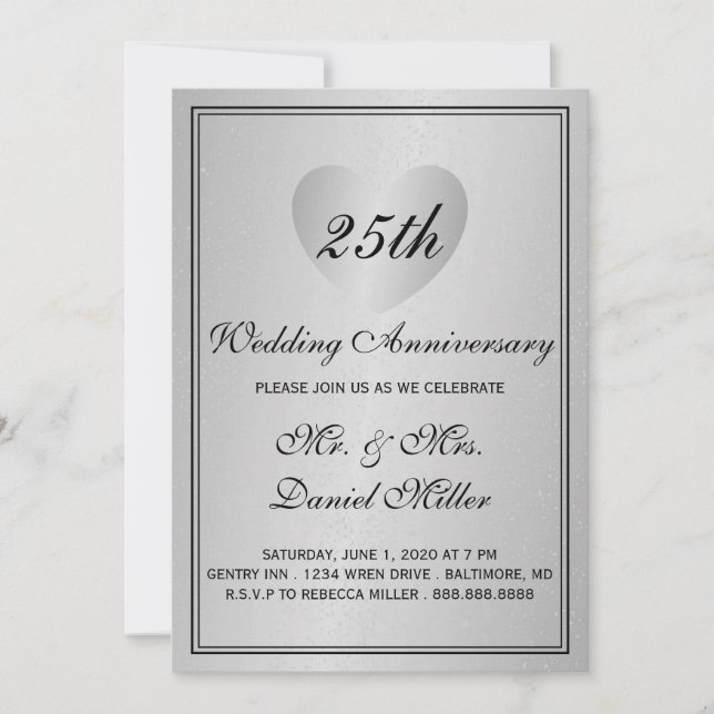 Invitation 25e Anniversaire de Mariage Argent Glam Cœur (Devant)