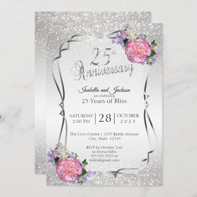 Invitation 25e anniversaire de mariage Argent Pailleté & Fleu (Devant / Derrière)