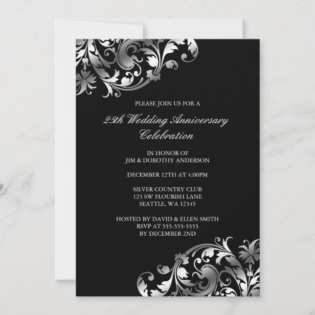 Invitation 25e anniversaire de mariage Argent tourbillonne fl (Devant)