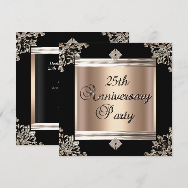 Invitation 25e Anniversaire de Mariage Art Déco Café Noir (Devant / Derrière)