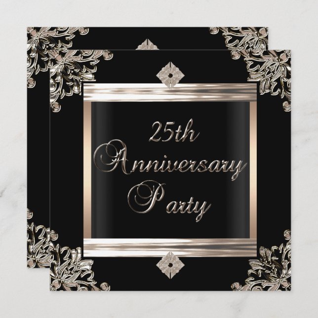Invitation 25e Anniversaire de Mariage Art Déco Noir Argent (Devant / Derrière)