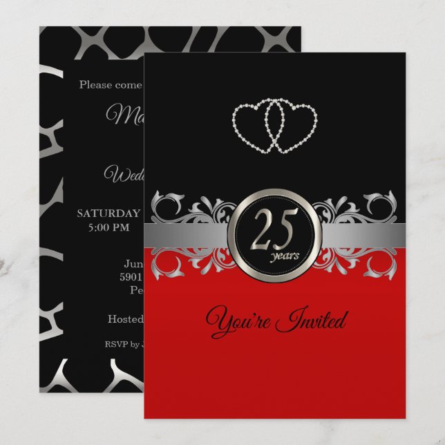 Invitation 25e anniversaire de mariage avec du rouge - Motif  (Devant / Derrière)