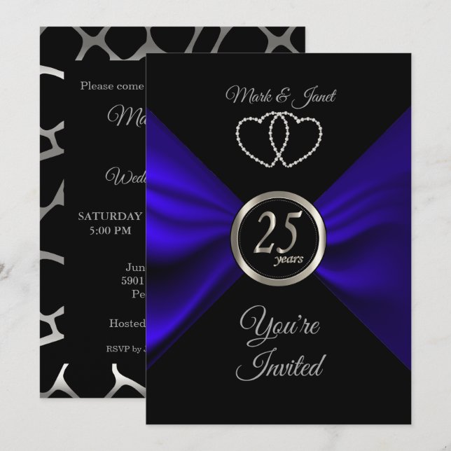 Invitation 25e Anniversaire de Mariage avec Satin Bleu (Devant / Derrière)