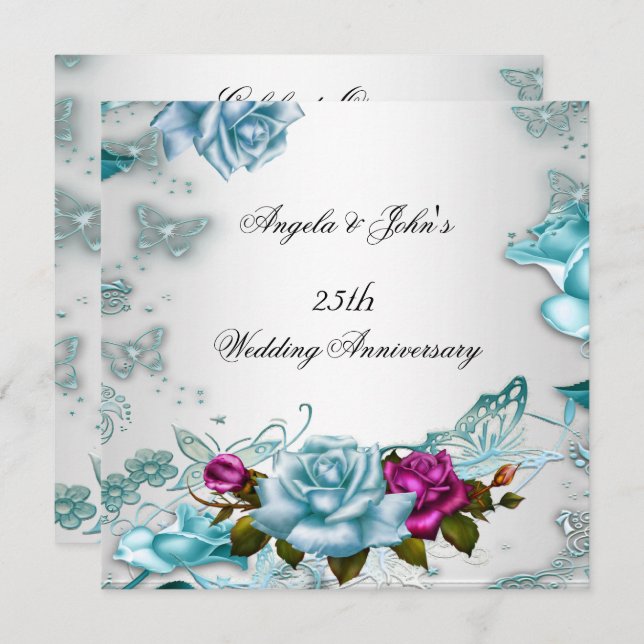 Invitation 25e Anniversaire de Mariage Bleu Floral Rose (Devant / Derrière)