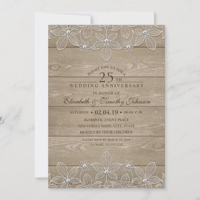 Invitation 25e Anniversaire de Mariage Bois Rustique Dentelle (Devant)