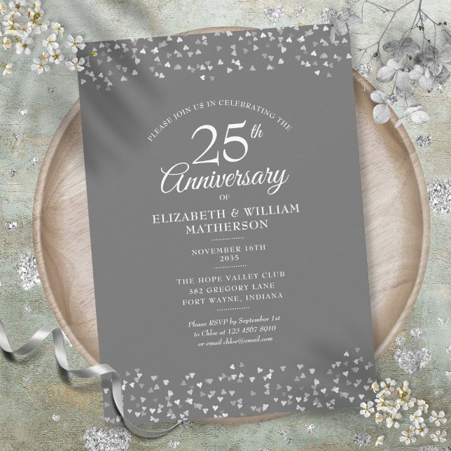 Invitation 25e Anniversaire de Mariage Cœur d'Argent Confetti (25th Wedding Anniversary Silver Hearts Confetti Invitation)
