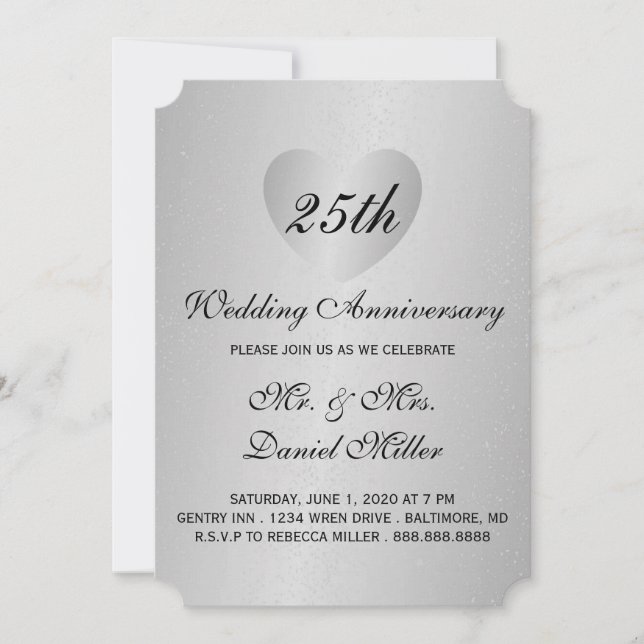 Invitation 25e Anniversaire de Mariage Cœur en Argent (Devant)