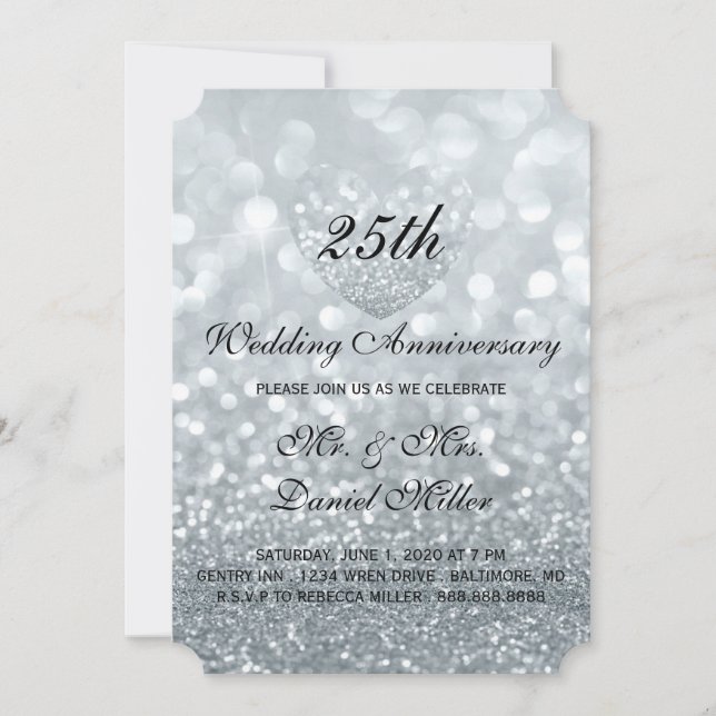 Invitation 25e Anniversaire de Mariage Cœur Paillettes Argent (Devant)