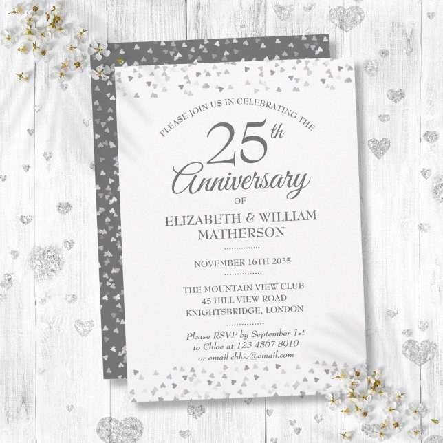 Invitation 25e Anniversaire de Mariage Cœurs d'Amour Argent (25th Wedding Anniversary Silver Love Hearts Invitation)