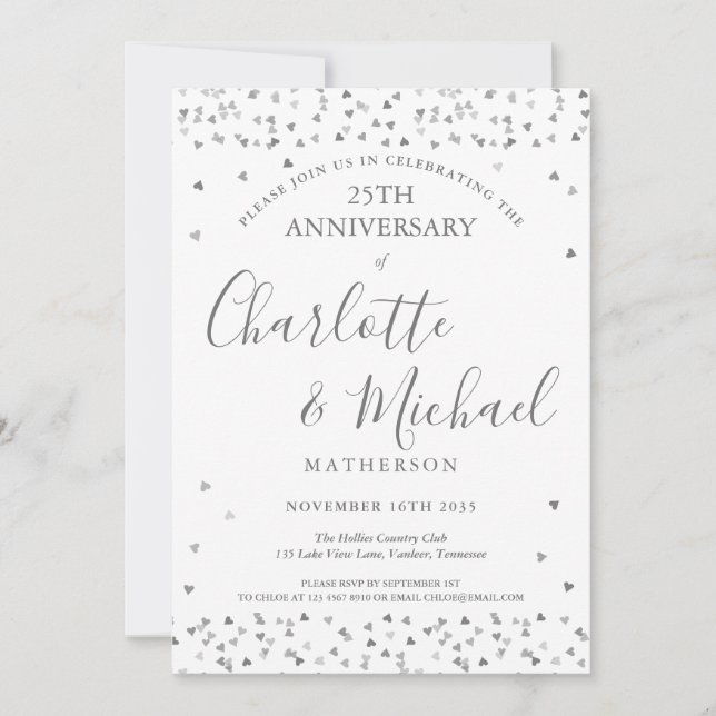 Invitation 25e Anniversaire de Mariage Cœurs d'Amour Argent S (Devant)