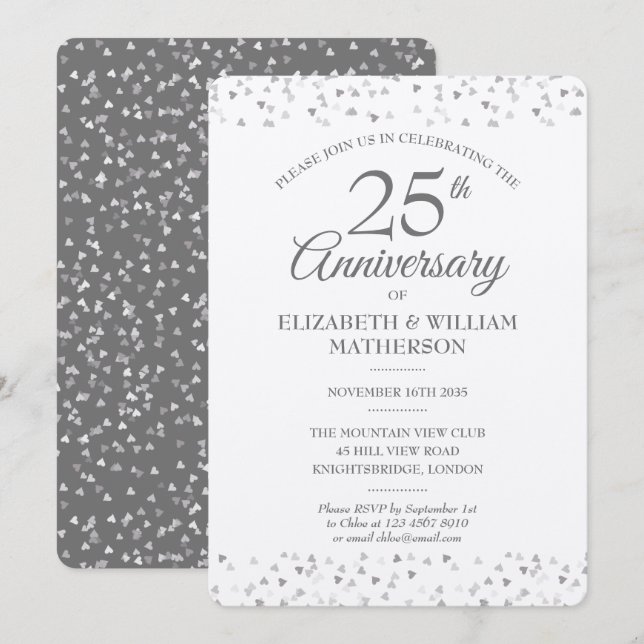 Invitation 25e Anniversaire de Mariage Cœurs en Argent Métall (Devant / Derrière)