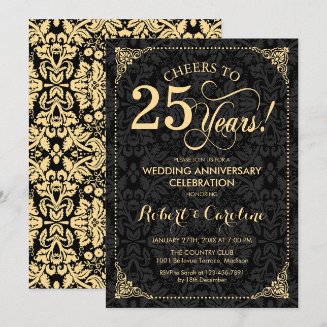 Invitation 25e anniversaire de mariage - Damask noir or (Devant / Derrière)