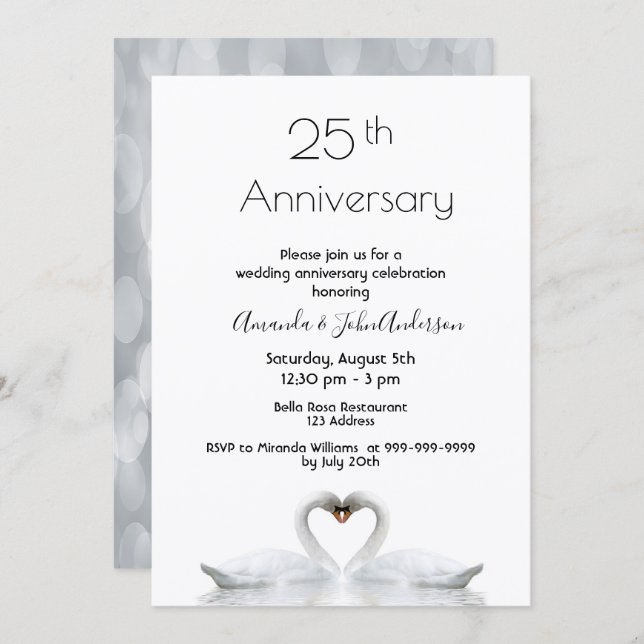 Invitation 25e anniversaire de mariage deux cygnes amoureux b (Devant / Derrière)