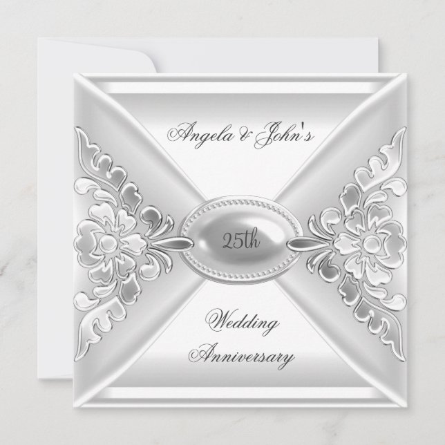 Invitation 25e Anniversaire de Mariage Élégant Argent Blanc (Devant)
