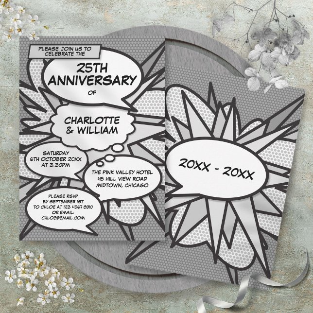 Invitation 25e Anniversaire de Mariage en Bande Dessinée Pop  (25th Silver Wedding Anniversary Comic Book Pop Art Invitation)