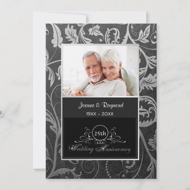 Invitation 25e anniversaire de mariage en damas noir et argen (Devant)