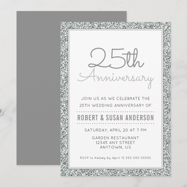 Invitation 25e Anniversaire de Mariage Faux Paillettes d'Arge (Devant / Derrière)