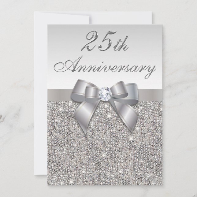 Invitation 25e anniversaire de mariage Faux Sequins et nœud (Devant)